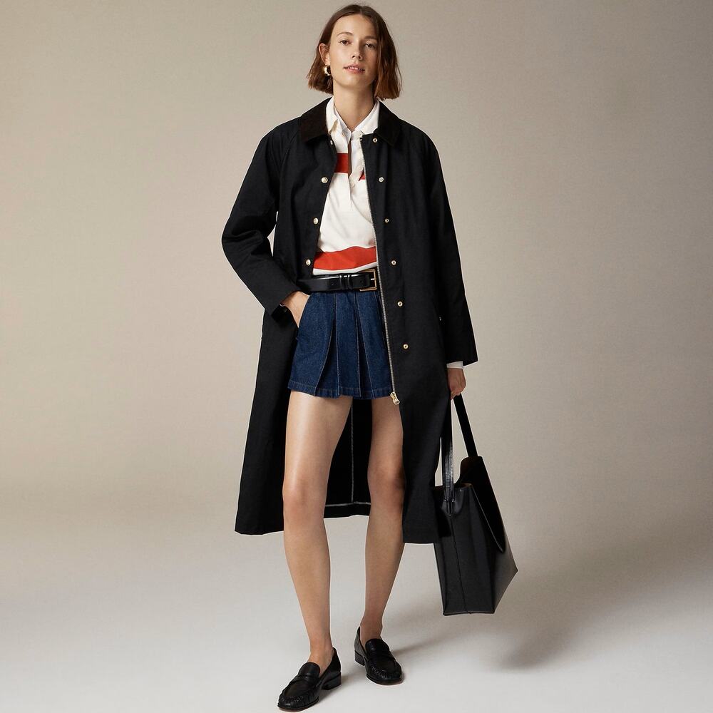 NWT J. Crew GoGo Long Barn Jacket Corduroy Collar Waxed Cotton Twill Black Sz SP